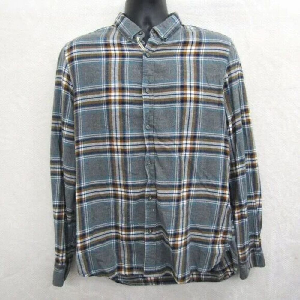 Denim&Flower Mens Long Sleeve Blue Plaid Button up Slim Fit Shirt Size L